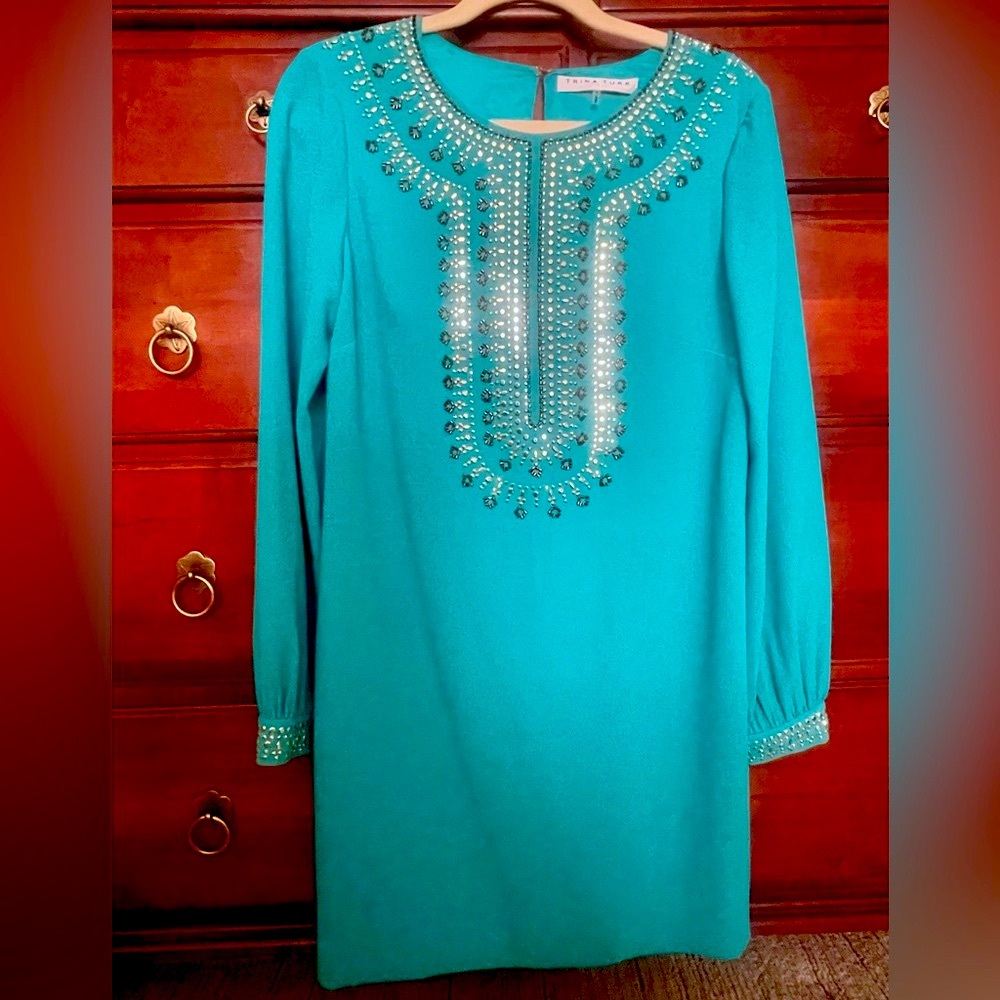 Trina Turk Teal Long Sleeve Dress with Silver/Bronze Beading